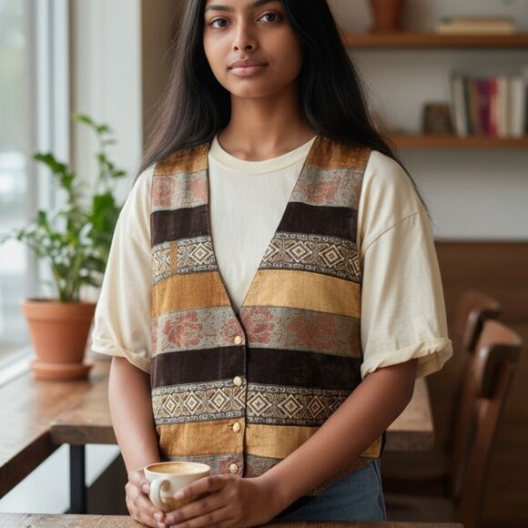 Vintage A.J. Tapestry Vest | Velour Jacquard Patchwork | Earth Tone Gold Button - Picture 1 of 9